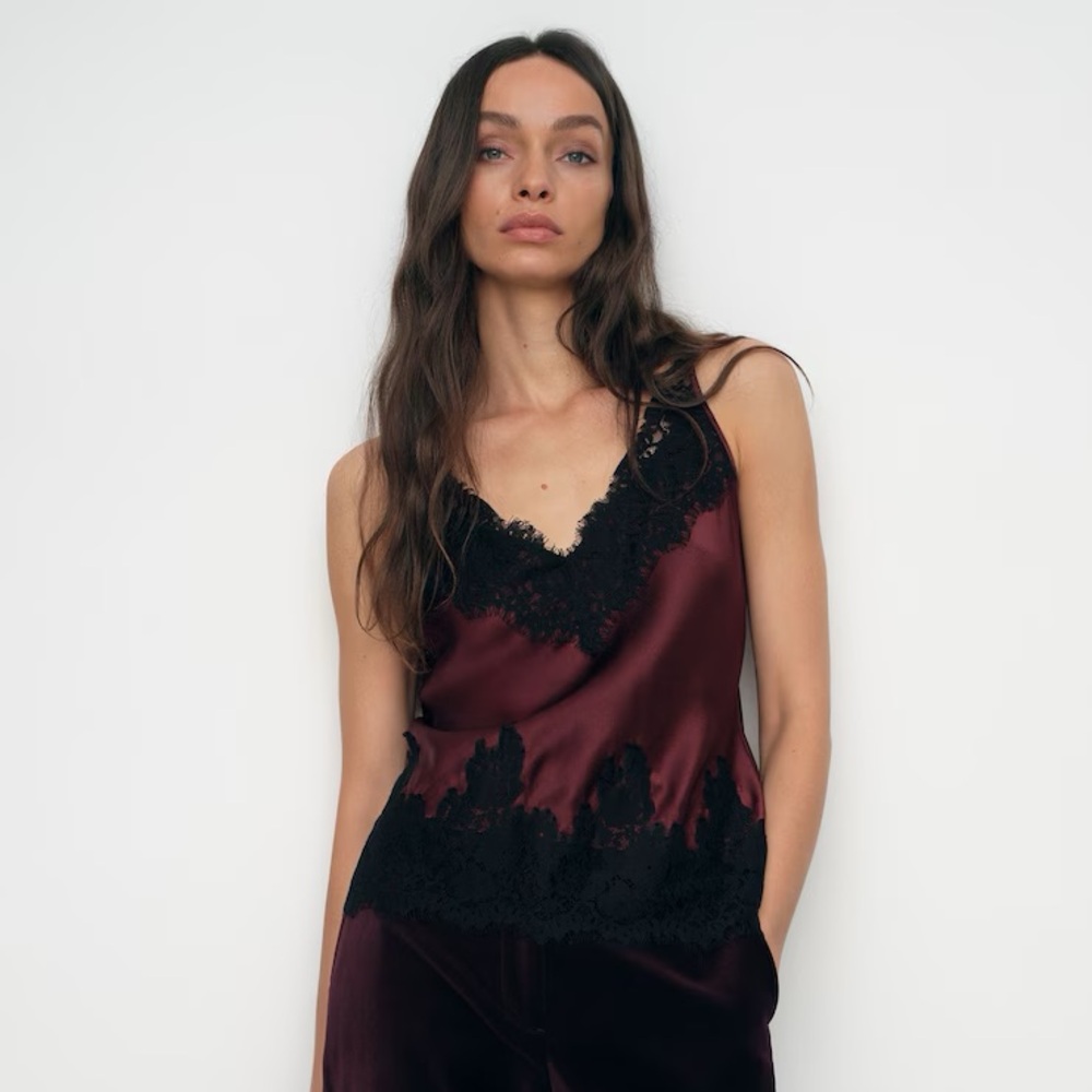 New Reiss Rowan Silk Lace-Trim Cami Top In Burgundy And Black